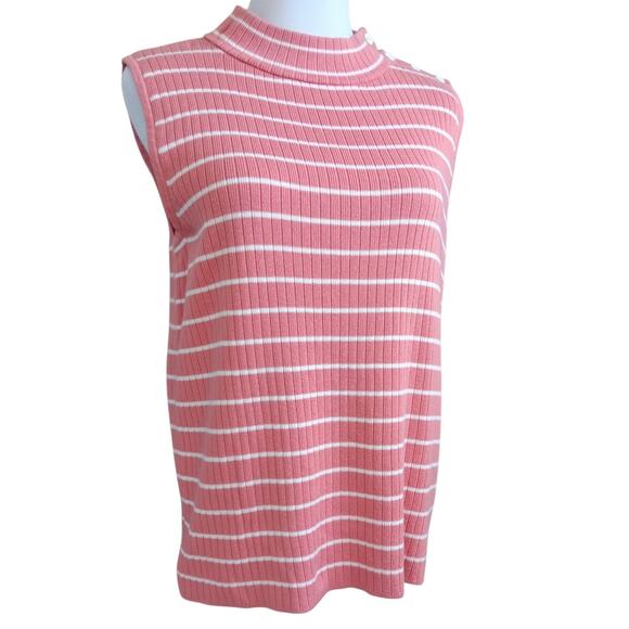 TALBOTS Sleeveless Sweater Large Light Mock Neck Soft Cotton Blend‎ Pink Stripes - Picture 7 of 8